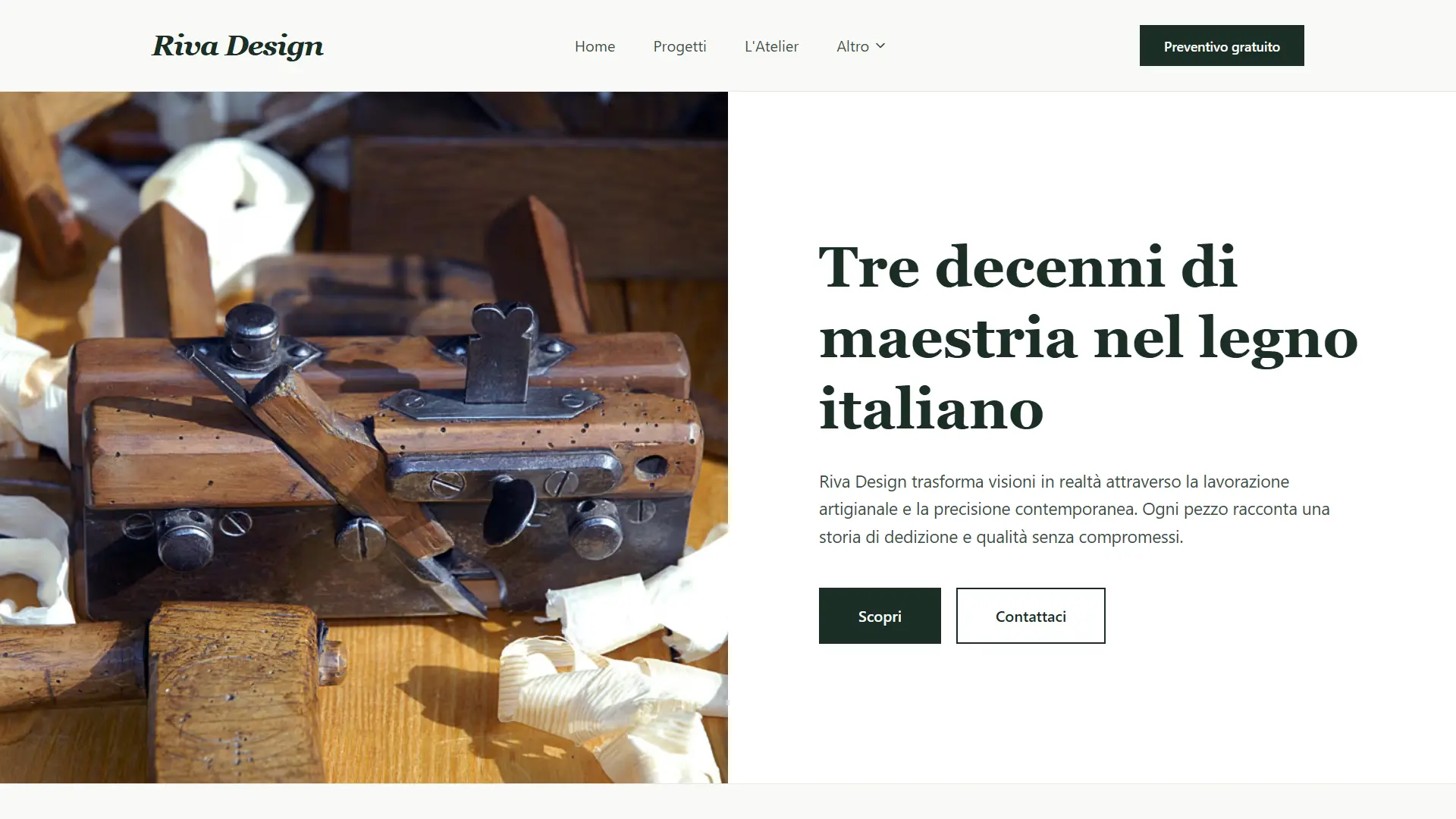 Screenshot homepage Riva Design - hero immersivo con palette forest green #1A2E26 e messaggio maestria artigianale