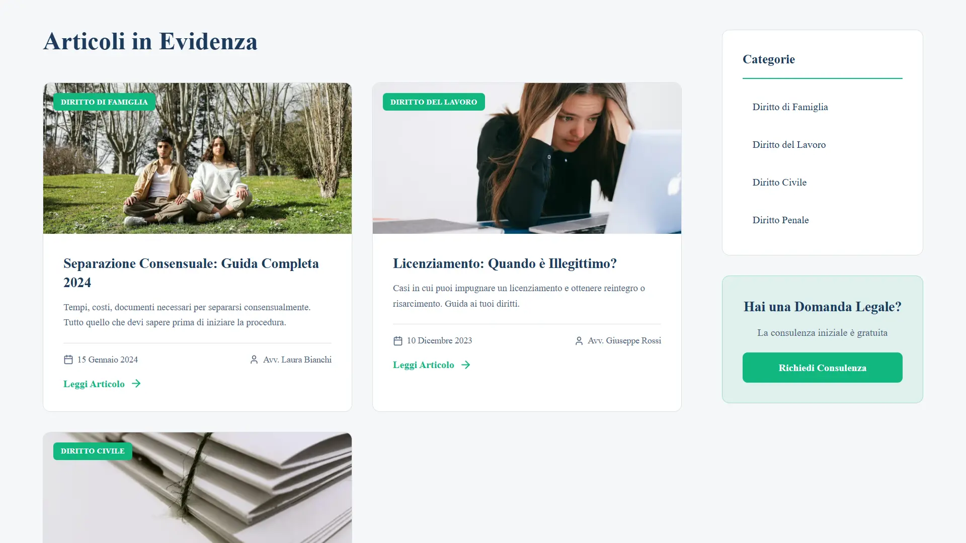 Blog system Studio Legale Ferrero - featured posts grid con category filter sidebar