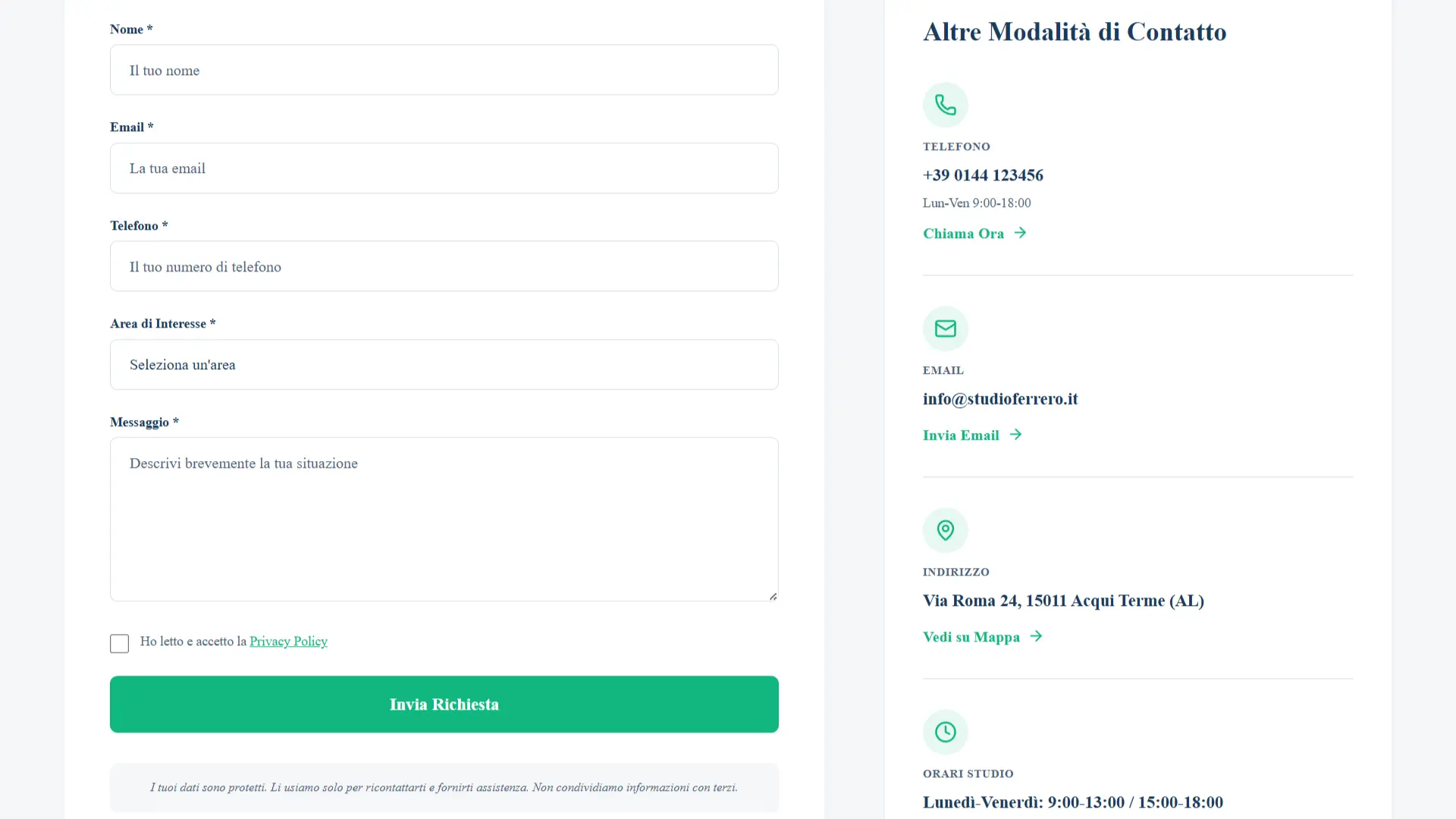 Form contatti Studio Legale Ferrero - split layout con form intelligente area-specific