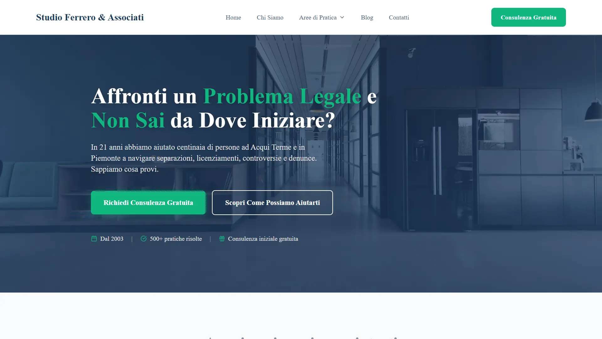 Screenshot homepage Studio Legale Ferrero & Associati - hero section con framework PAS e dual CTA