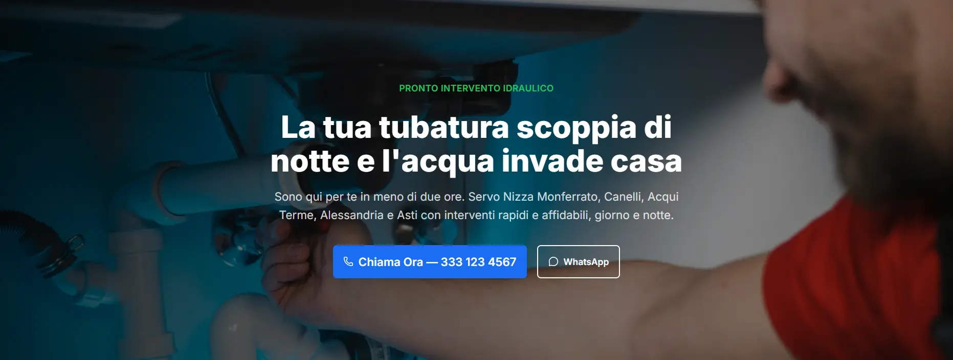 Screenshot homepage sito Idraulica Monferrato - design conversion-focused con CTA telefono e WhatsApp, palette blue-green professionale